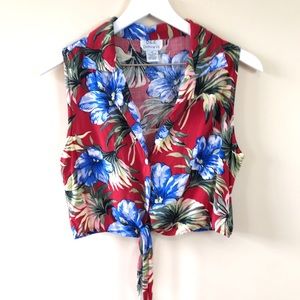 90’s Cropped Vintage Tie Button Down Hibiscus Blouse